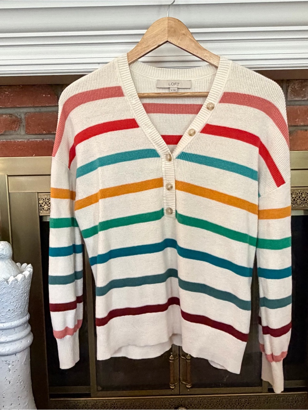 LOFT Cream Stripe V-Neck Button Sweater - Multicolor